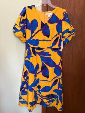 Liz Claiborne Yellow Midi Dress with Blue & Purple Leaf Pattern